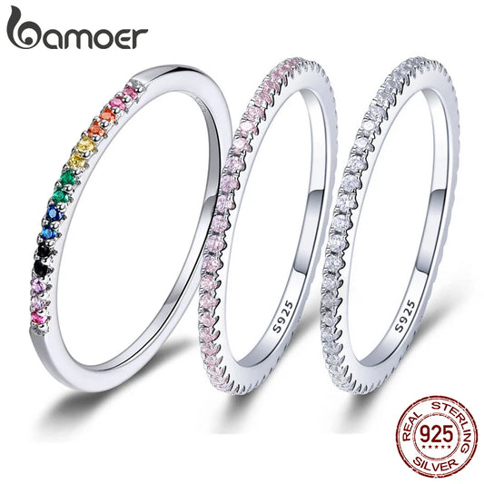 BAMOER 925 Sterling Silver CZ Simulated Diamond Stackable Ring Platinum Plated Eternity Bands for Women