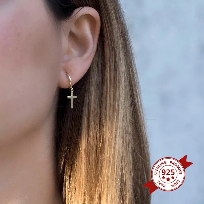 925 Sterling Silver Minimalist Jesus Cross Pendant Earrings Gold/Silver  Hoop Earrings Fashion Wedding Party Earrings Jewelry