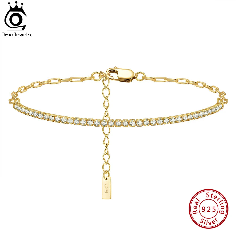 ORSA JEWELS 14K Gold Plated Paperclip Chains Tennis Bracelet For Women 925 Sterling Silver Handmade Bracelets Jewelry SB141